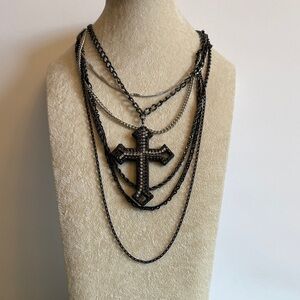 Express Gunmetal Layered Cross Necklace Pavé Statement Chains Y2K